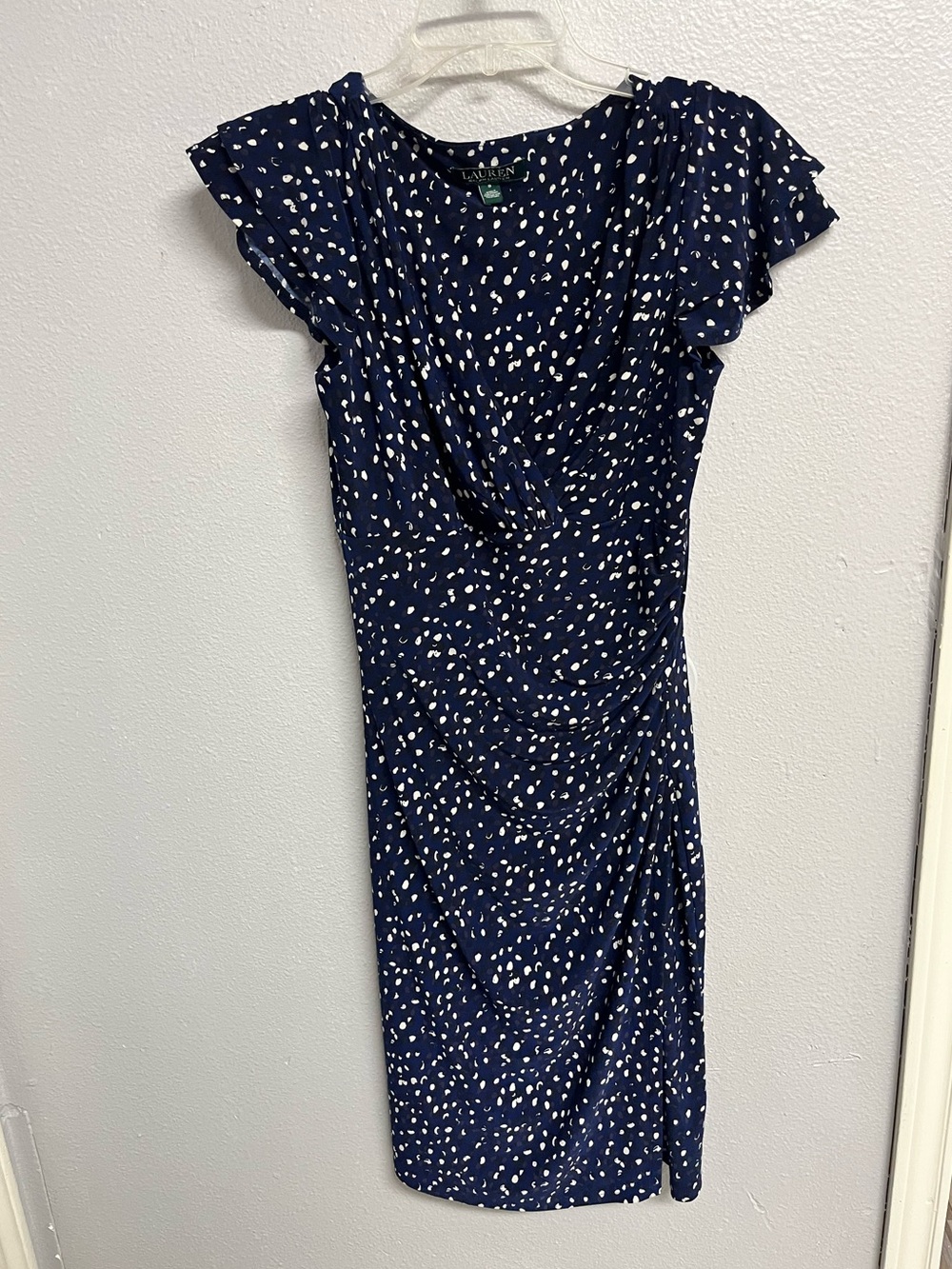 Ralph Lauren Navy and White Polka Dot Faux-Wrap Midi Dress